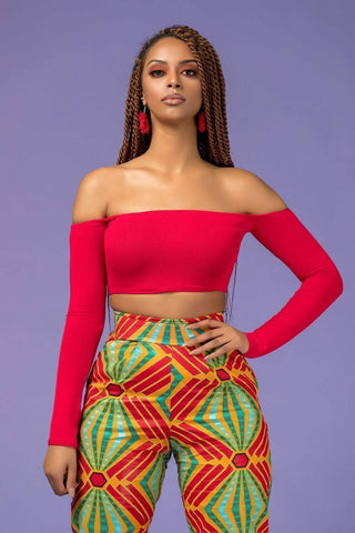 Grass-Fields African Print Top Red Off Shoulder Crop Top
